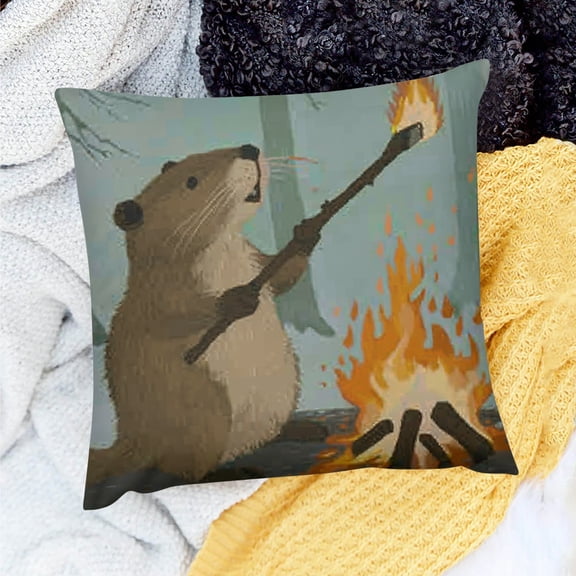 FCXZI Decor Indoor Decoration Beaver Stick Fire Home Decor Throw Pillows Cover for Home Sofa Couch Linen 100% - Set of 1 Pillow Covers, 3 Sizes, Invisible Zipper Design 18x18in