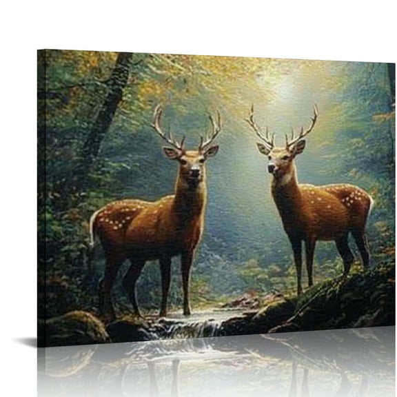 FCXZI Deer Canvas Wall Art Fall Pictures Wall Decor Wildlife Animal Canvas Prints Pictures Autumn Forest Landscape Woodland Elk Painting Artwork for Living Room Kitchen Home Decoration 16x12in