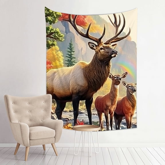 FCXZI Deer Family Fall Foliage Rainbow Tapestry Wall Hanging 100% Polyester 30*40in