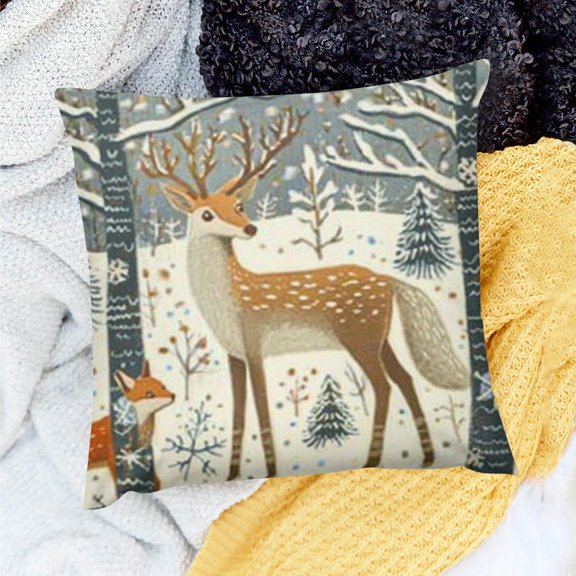 FCXZI Deer Fox Snowy Forest Home Decor Throw Pillows Cover for Home Sofa Couch Linen 100% 18x18in