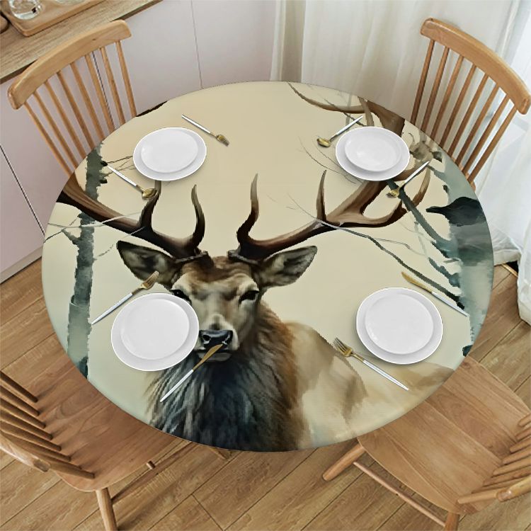 FCXZI Deer Trees Antlers Round Tablecloth 100 Polyester Table Cover