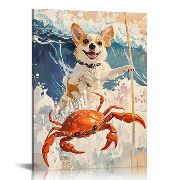 FCXZI Dog Crab Wave Print Canvas Wall Art Home Decor 12x16 12x16in