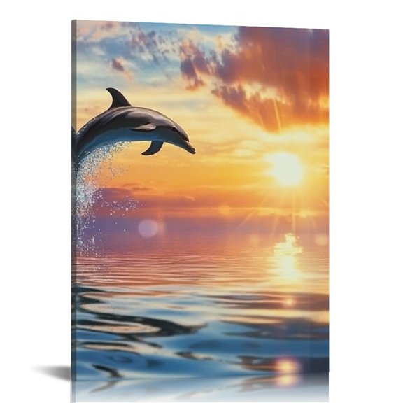 FCXZI Dolphin Sunset Magic Realism Canvas Wall Art Home Decor 12x16in