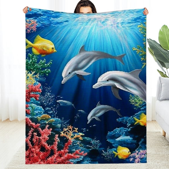 FCXZI Dolphins Coral Reef Flannel Blanket, Soft Cozy Multi-Purpose 40*50in