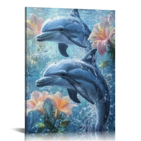FCXZI Dolphins Flowers Water Canvas Wall Art Home Decor 12x16 16x20in