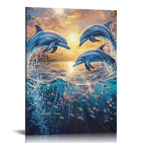 FCXZI Dolphins Ocean Sun Canvas Prints Wall Art Home Decor 12x16 12x16in