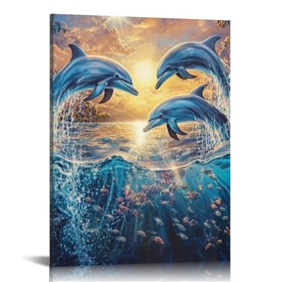 FCXZI Dolphins Ocean Sun Canvas Prints Wall Art Home Decor 12x16 16x20in