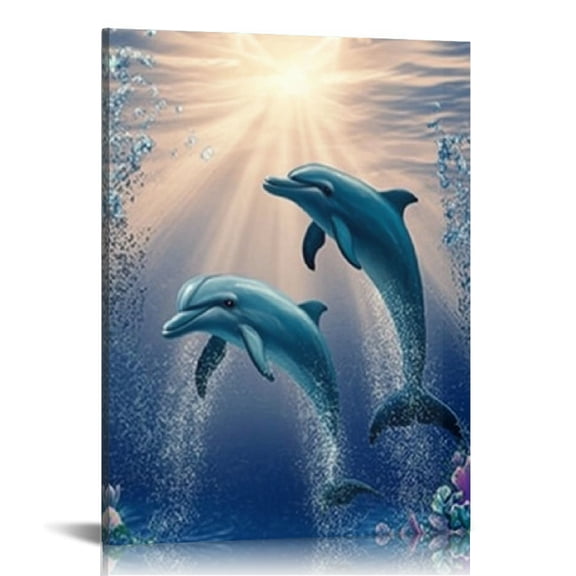 FCXZI Dolphins Ocean Sun Wall Art Canvas Ready To Hang Home Decor 12x16in