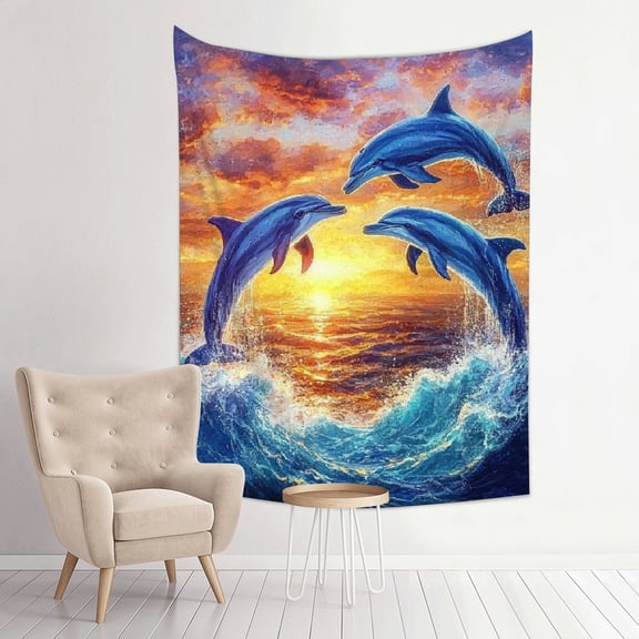 FCXZI Dolphins Sunset Fantasy Art Print Tapestry Wall Hanging 30*40in
