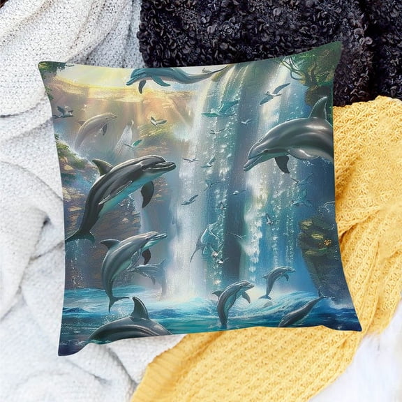 FCXZI Dolphins Waterfall Fantasy Art Square Cushion Cover for Home Sofa Couch, Set of 1 Pillowcase, Outdoor Decor, 100% Linen, 3 Sizes 18x18in