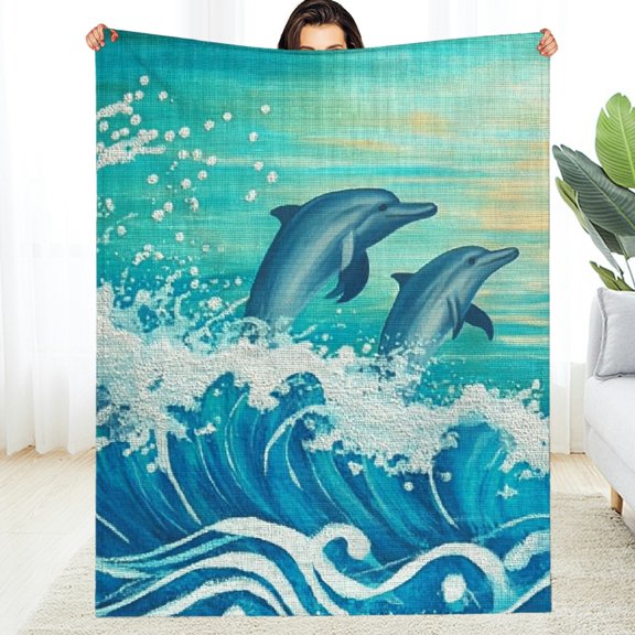 FCXZI Dolphins Waves Ocean Flannel Blanket All-Season Lightweight Comfort 50*60in