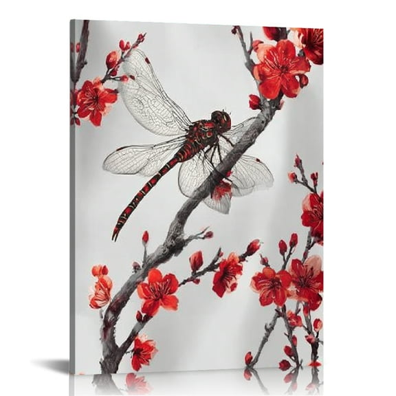 FCXZI Dragonfly Red Flowers Modern Canvas Wall Art Home Decor 16x20in