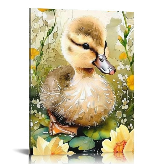 FCXZI Duck Canvas Wall Art, Yellow Duck with Flowers iIndoor art wall decoration home is suitable for living room, bedroom, office, dining room, club decoration, can hang Canvas painting 12x16in
