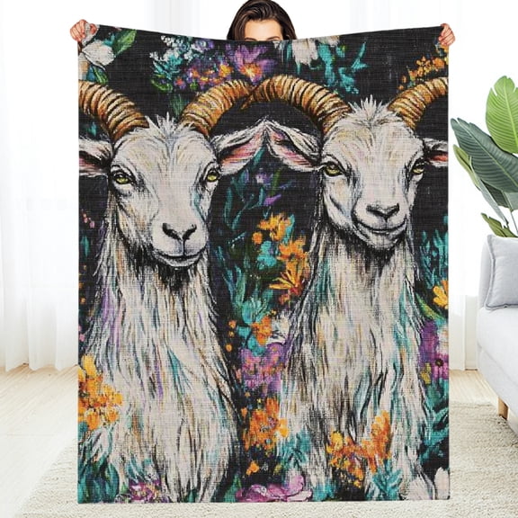 FCXZI Durable Soft Flannel Blanket Goat Flowers Painting Reversible 40*50in