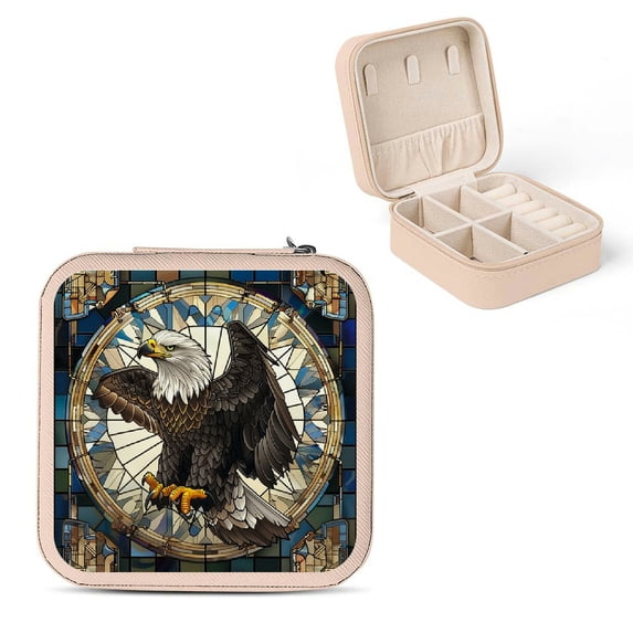 FCXZI Eagle Stained Glass Art Jewelry Box for Necklaces, Rings, Earrings - Compact Travel Size with Multiple Storage Compartments Pink