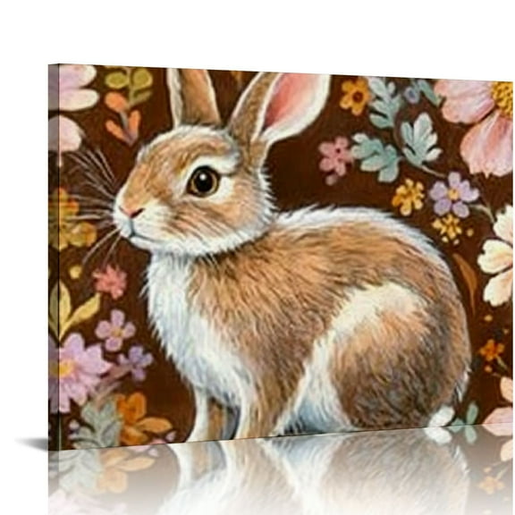 FCXZI Easter Bunnies and Wildflowers Spring Canvas Wall Art Painting Rabbit Floral Bunny Flower Brown Wall Decor Hanging Asian Scenic Chic Chinoiserie Canvas Wall Art 16x12in