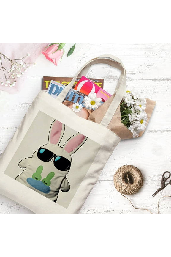 Easter Bunny Canvas Tote Bag For Women Aesthetic Funny Peeps Rabbit Tote Bag Shopping Grocery Bag Beach Bag Gifts for Women Teacher Bag Reusable Grocery Bag White