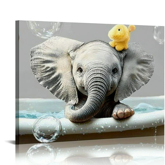 FCXZI Elephant Bathroom Wall Art Funny Elephant Baby Wall Decor Farmhouse Cute Animal Pictures Canvas Prints Modern Painting Artwork for Bathroom Lavatory Toilet Loo Living Room  16x12in