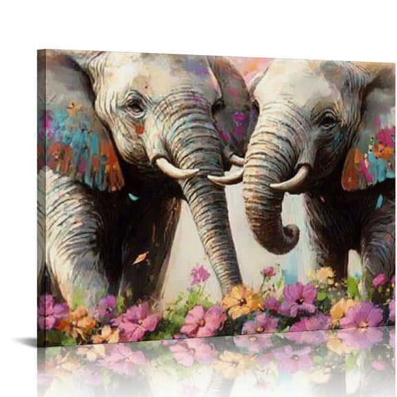 FCXZI Elephant Couple in Love Boho Decor Flower Animal Canvas Wall Art Artwork for Bedroom Modern Home Decor Stretched and Ready to Hang 20x16in