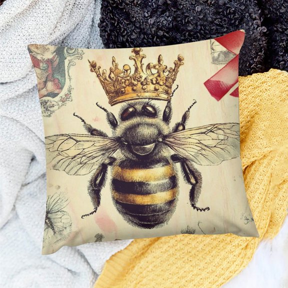 FCXZI Farmhouse Decor Bee Crown Ribbon Pillow Cover for Sofa Couch 18x18in