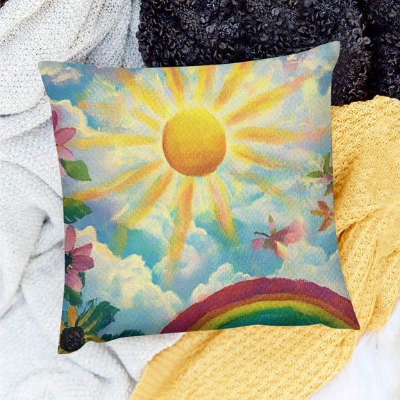 FCXZI Farmhouse Decor Sun Clouds Rainbow Throw Pillow Cover 100% Linen 18x18in