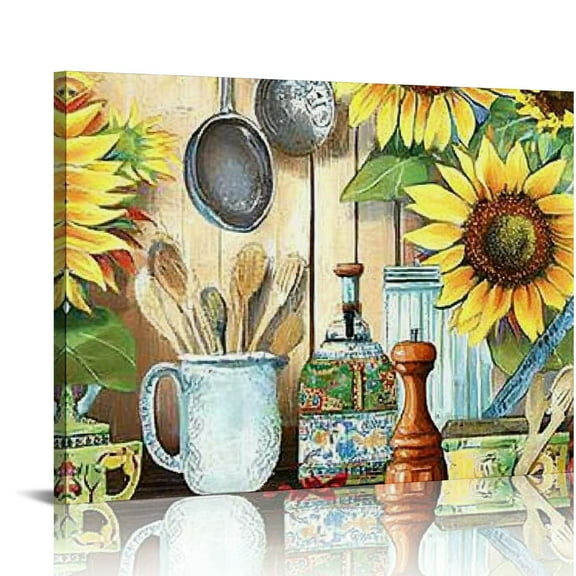FCXZI Farmhouse Kitchen Sunflower Wall Art Country Pictures Wall Decor Rustic Flowers Painting Vintage Kitchen  Artwork Home Decorations for Dining Room Restaurant Living Room  16x12in