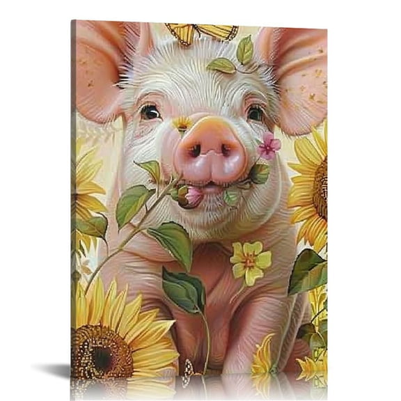 FCXZI Farmhouse Pig Wall Decor Rustic Sunflower Cute Pig Pictures Funny Pig Canvas Wall Art Painting Home Modern Artwork Decorations for Living Room Bedroom Bathroom Office 16x20in