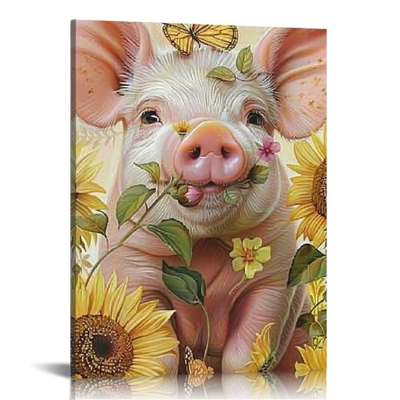 FCXZI Farmhouse Pig Wall Decor Rustic Sunflower Cute Pig Pictures Funny Pig Canvas Wall Art Painting Home Modern Artwork Decorations  for Living Room Bedroom Bathroom Office  12x16in