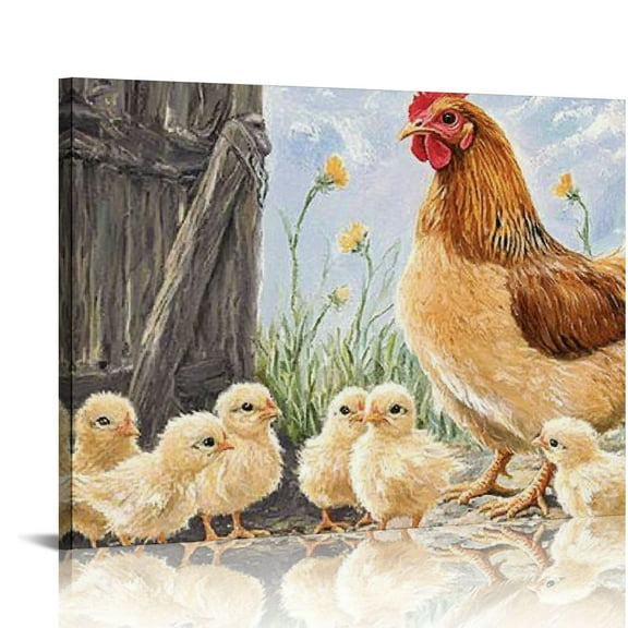 FCXZI Farmhouse Wall Art Rooster Print: Hen Painting Small Born Chicks Picture Barnyard Birds Vintage  Canvas Artwork for Kitchen Decor Easy Hanging  16x12in