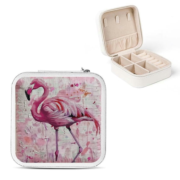 FCXZI Flamingo Pink Kitsch Travel Jewelry Case Organizer for Necklace, Ring, Earring - Compact Size, Multiple Storage Spaces White