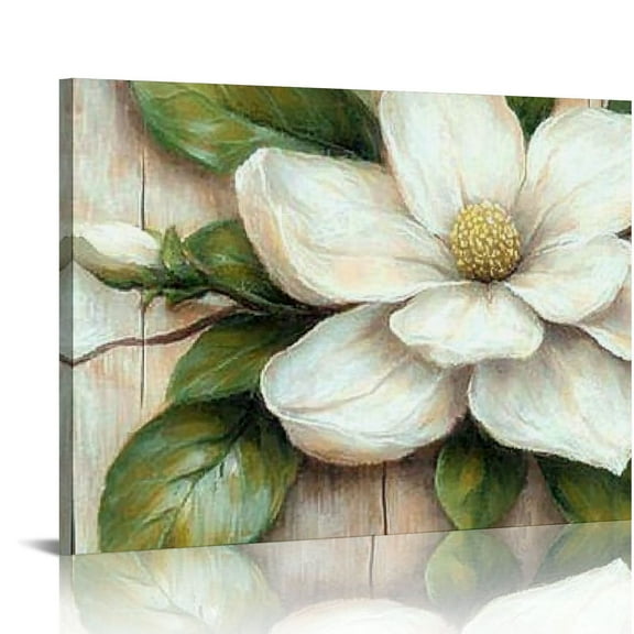 FCXZI Floral Canvas Wall Art Painting White Rose Flower Green Leaves Hand Painted Texture Picture Artwork For Bedroom plant wall decor Bathroom Walls 20x16in