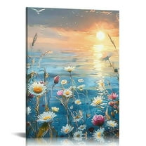 FCXZI Floral Large Wall Art, Beach Daisy Scenery Canvas Prints, Blue Landscape Painting, Ocean Sunrise Aesthetic Pictures Wall Decor Living Room Bedroom, Farmhouse Bathroom Decor Canvas painting