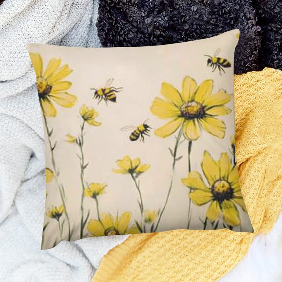 FCXZI Flowers Bee 100% Linen Pillow Covers for Home Sofa Couch Decoration, Set of 1, Invisible Zipper, 3 Sizes 24x24in