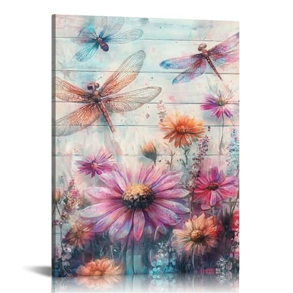 FCXZI Flowers Dragonflies Fantasy Art Canvas Wall Art Decor for Home Living Room Bathroom Bedroom Office - Perfect Gift Ideas for Various Occasions 12x16in