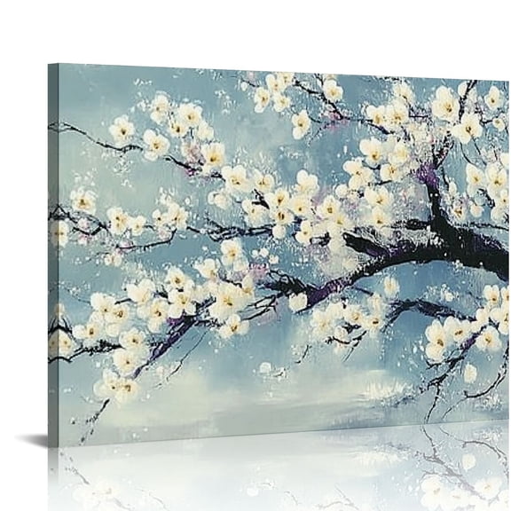 FCXZI Flowers Wall Art Plum Blossom Canvas Art Botanical Floral Canvas Pictures Grey Blue Canvas Artwork for Bedroom Living Room Bathroom Kitchen Office Home Wall Decor Ready to Hang  16x12in