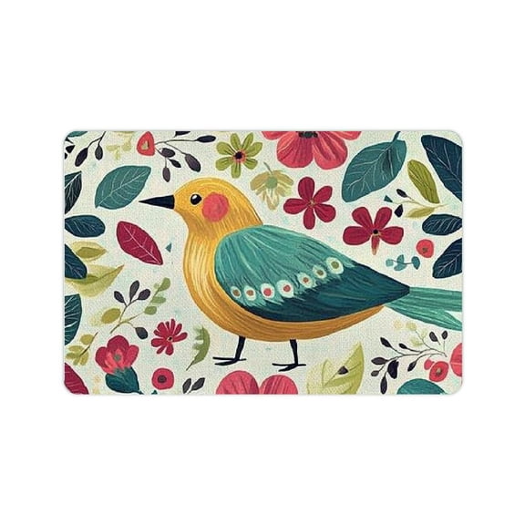 FCXZI Folk kitchen mat with gorgeous bird motif with abstract flower print, luxury decorative kitchen mat with non-slip back 24x16in