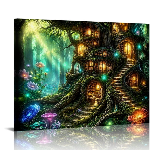 FCXZI Forest Tree House Library Canvas Wall Art Ready to Hang for Bedroom Dorm Living Room Decor 16x12in