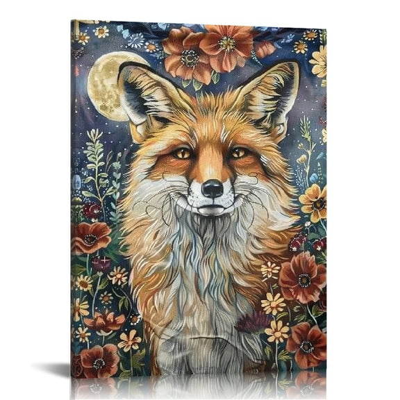 FCXZI Fox Flowers Moon Canvas Wall Decor For Home Office Bedroom 12x16in