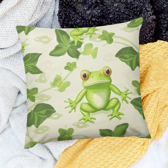 FCXZI Frog Green Leaves Throw Pillow Cover 100% Linen for Couch 18x18in