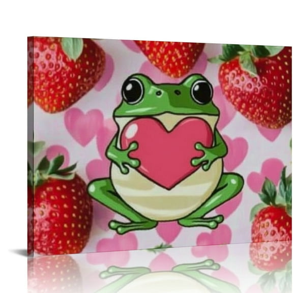 FCXZI Frog Hearts Strawberries Canvas Prints Wall Art Decor for Bedroom Kitchen Ready to Hang Home Decoration Room Office Picture Gift 20x16in