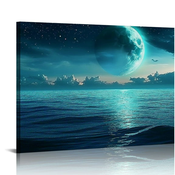 FCXZI Full Moon Ocean Waves Wall Art Moon Night Canvas Pictures Dark Teal Blue Seascape Canvas Art Landscape Prints Artwork for Living Room Bedroom Bathroom Ofiice Kitchen Home Wall Decoration 20x16in