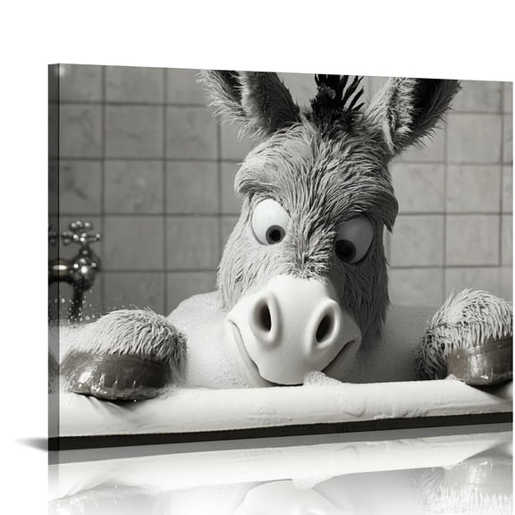 FCXZI Funny Animal Bathroom Canvas Wall Art Black and White Animal Bathroom Pictures Donkey Bathroom Donkey Animals Bathroom Painting for Bathroom Living Room Wall Decor Canvas painting 16x12in