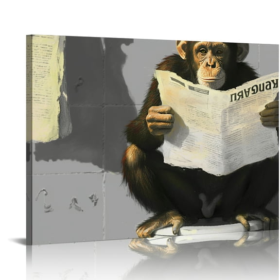 FCXZI Funny Gorilla Bathroom Decor Wall Art Cute Monkey In Toilet Black and White Chimp Canvas Humor Animals Bathroom Painting Modern Aesthetic Wall Decor Gray Bathroom Accessories 20x16in