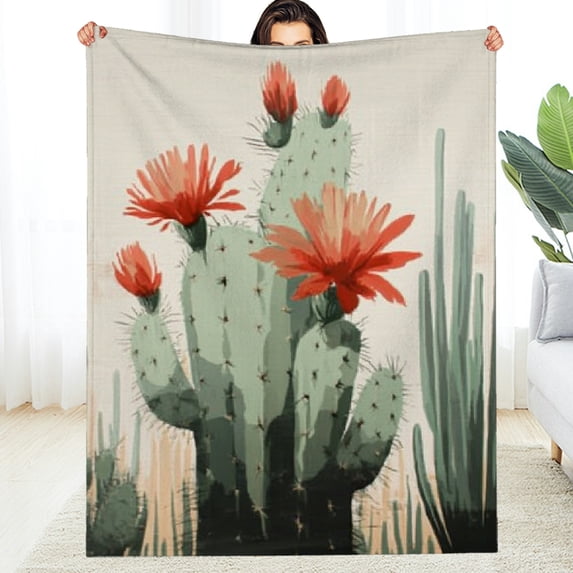 FCXZI Fuzzy Fluffy Soft Cozy Blanket Cactus Red Flower Flannel 40*50in