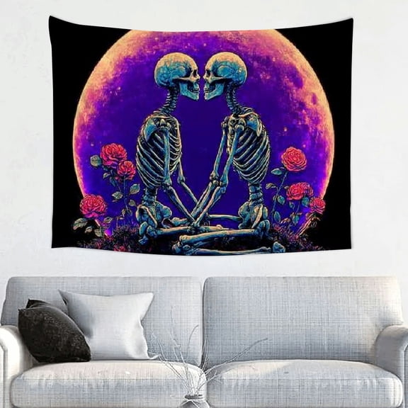 FCXZI Glow in The Dark Skull Tapestry UV Reactive Skeleton Lovers Moon Rose Tapestry,Halloween Trippy Aesthetic Backdrop Tapestry Wall Hanging Decor for Bedroom Living Room, 40*30in
