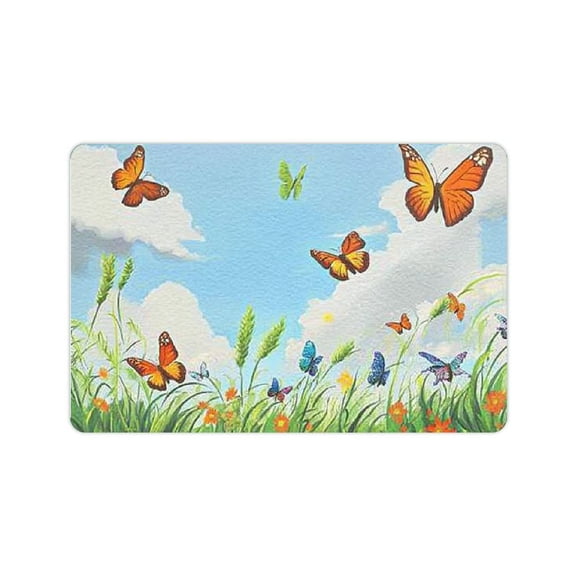 FCXZI Grass Bath Mat, Clouds with Spring Meadow with Butterflies and Green Grass Chamomile Blossom Garden, Plush Bathroom Decor Mat with Non Slip Backing 24x16in