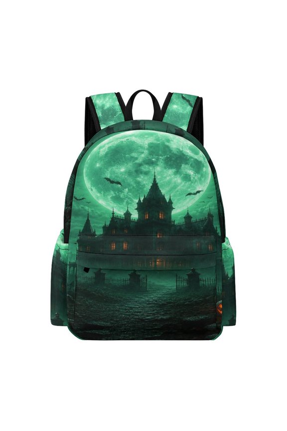 Green Full Moon Haunted Mansion Printed Oxford Backpack,  Large Capacity Laptop Backpack, Water Resistant, Travel Daypack for College Work Commuting Adults,