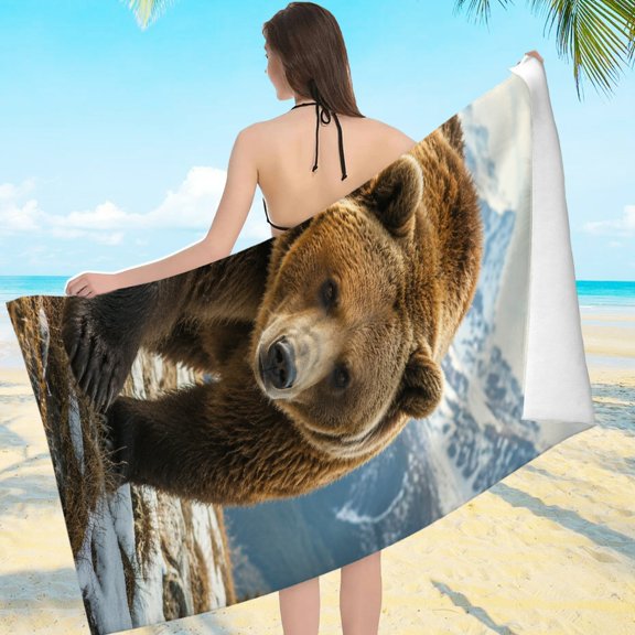 FCXZI Grizzly Bear In Mountains Lightweight Microfiber Beach Towel Large Quick Dry 70*140cm