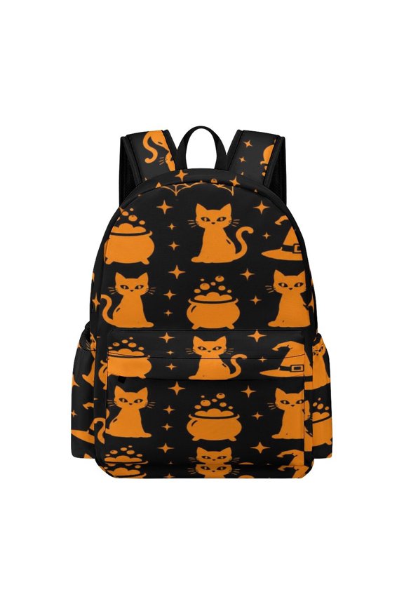 Halloween Cat Witch Pattern Printed Oxford Backpack, Large Capacity Laptop Backpack, Water Resistant, Travel Daypack for College Work Commuting Adults,