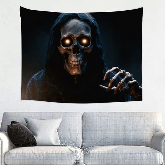 FCXZI Halloween Grim Reaper Backdrop Scary Skeleton with Glowing Eyes for Haunted House Decorations Horror Party Supplies Indoor Outdoor Halloween Wall Scene 40*30in